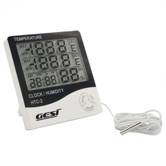 Gesi HTC-2 Dijital Ekranlı Isı ve Nem Ölçer Saat Alarm Dış Mekan Problu Termometre
