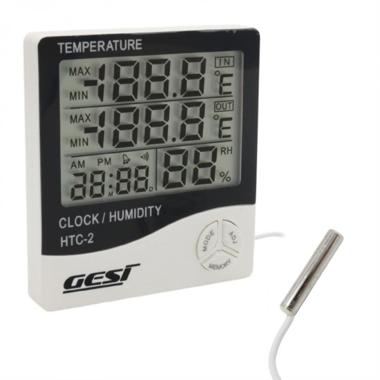 Gesi HTC-2 Dijital Ekranlı Isı ve Nem Ölçer Saat Alarm Dış Mekan Problu Termometre
