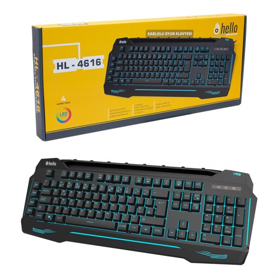 HELLO HL-4616 4 MAKRO TUŞLU 3 RENK IŞIKLI KABLOLU GAMING OYUNCU KLAVYE HELLO HL-4616 4 MAKRO TUŞLU 3 RENK IŞIKLI KABLOLU GAMING OYUNCU KLAVYE