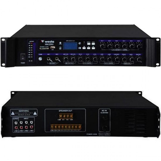 WESTA WM-2250U 250 WATT 100 VOLT USB/MP3/BLUETOOTH 6 BÖLGELİ TRAFOLU MIXER ANFİ WESTA WM-2250U 250 WATT 100 VOLT USB/MP3/BLUETOOTH 6 BÖLGELİ TRAFOLU MIXER ANFİ